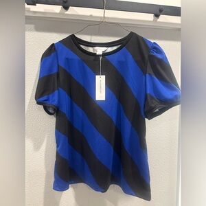 Liz Claiborne Blue & Black Striped Short Sleeve Top – Classic Work Blouse